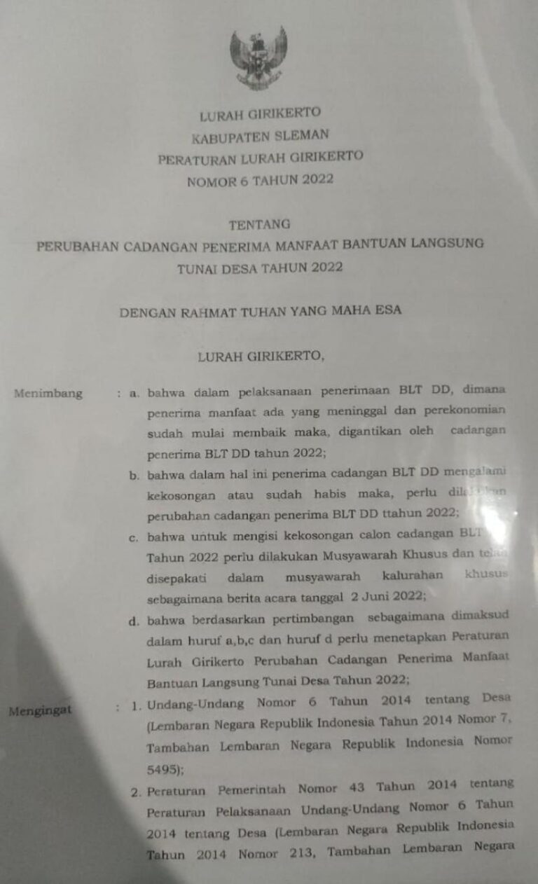 gambar_Pelur No 6 Tahun 2022 Tentang Perubahan Cadangan PM BLT DD Kalurahan Girikerto